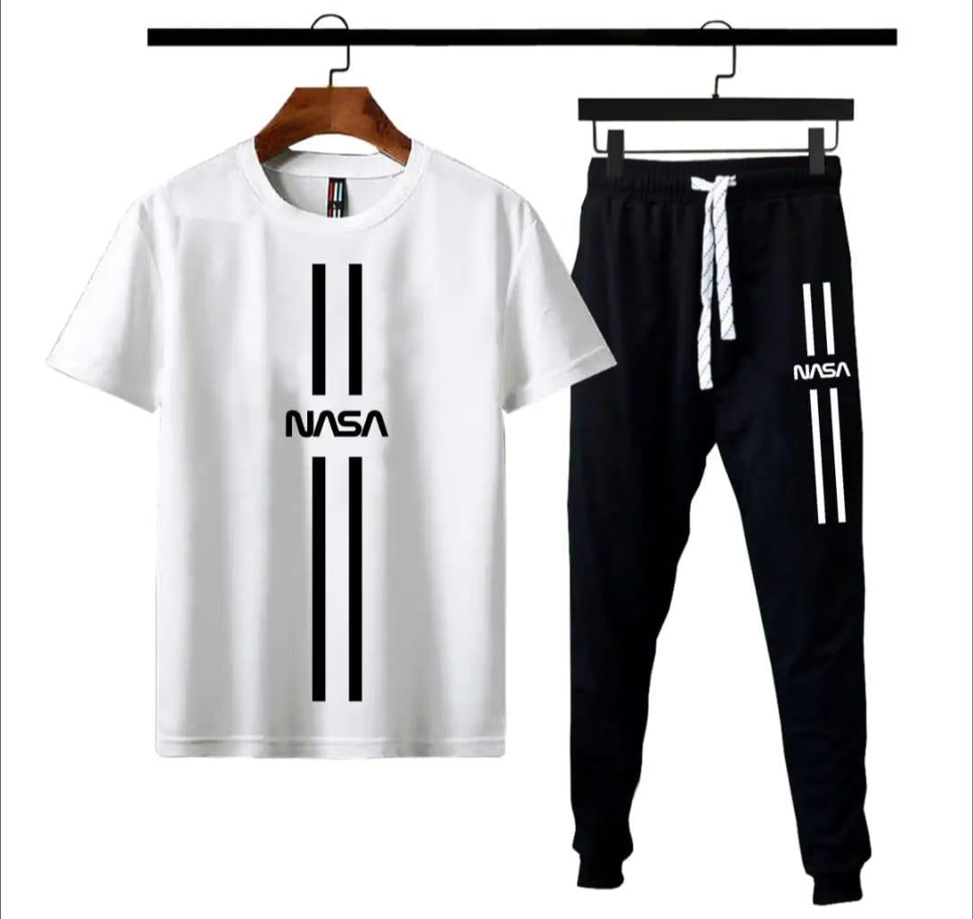 Men's 2 PCS Cotton Black/White Printed Track Suit Set Shirt & Trouser