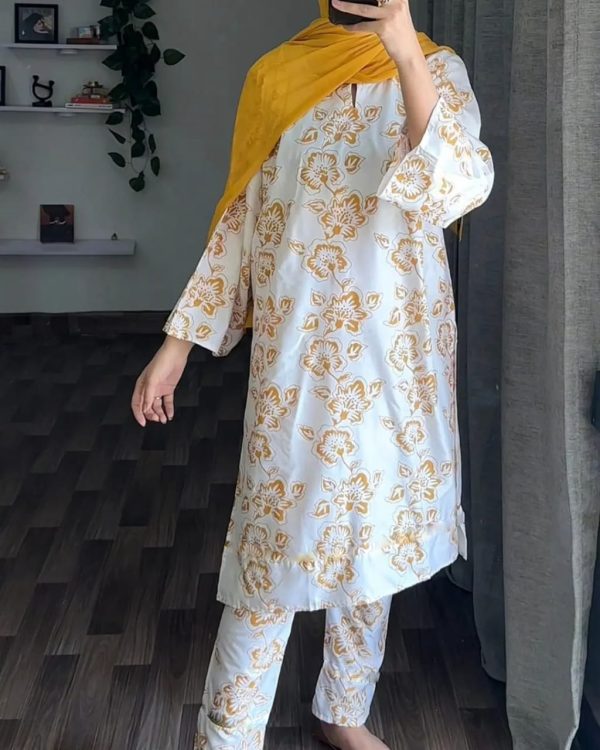 ( Mustard) Rangoon🌺 Print Stitched Suits Casual Wear (Lilen)