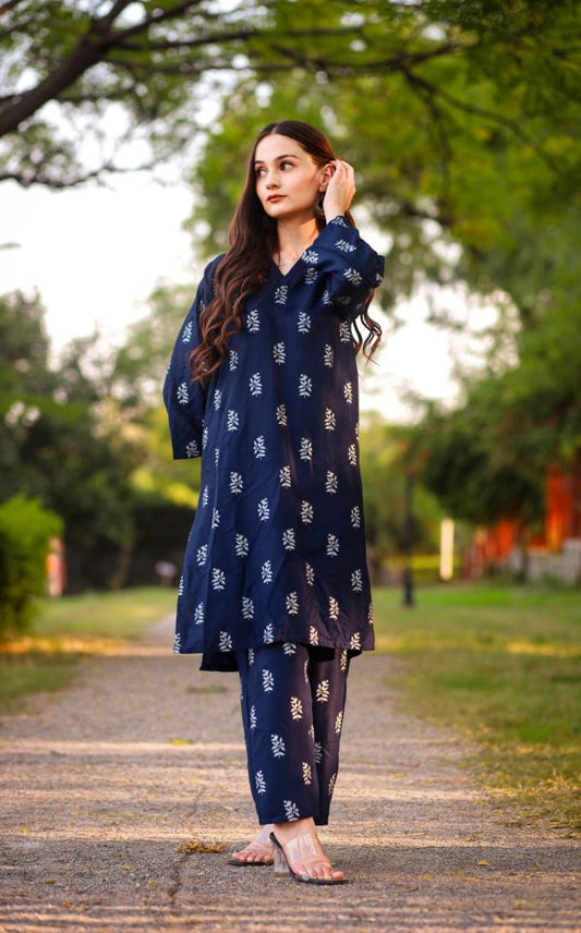 (Navy Blue) Saleha 2Pcs Design Block Print Stitched Suits Casual Wear For Girls (Lilen)