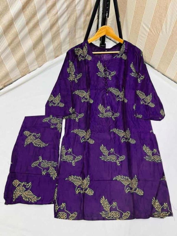 (Purple )Sparrow 2 Pc Block Print Stitched Suits Casual Wear (lilen)