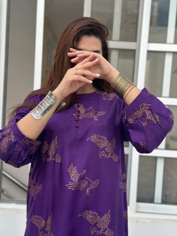 (Purple )Sparrow 2 Pc Block Print Stitched Suits Casual Wear (lilen)