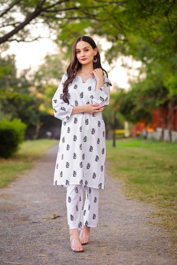 (White) Saleha 2pcs Design Block Print Stitched Suits Casual Wear For Girls (Lilen)